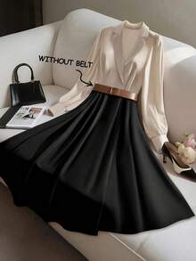 GlowEve Đầm dài tay nữ dáng chữ A, thiết kế phối màu độc đáo, thanh lịch, phù hợp mặc đi làm hàng ngày, phong cách đường phố Pháp cổ điển, đa năng cho kỳ nghỉ và công sở, thích hợp cho mùa Thu/Đông. - màu đen - Xem 3