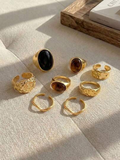 Resyla 8pcs Vintage Luxury Asymmetrical Faux Gem Mixed Stackable Open Knuckle Rings, Liquid Wrinkle Design Finger Jewelry, Suitable For Women Daily Wear, Gift For Girlfriend/Family/Friends