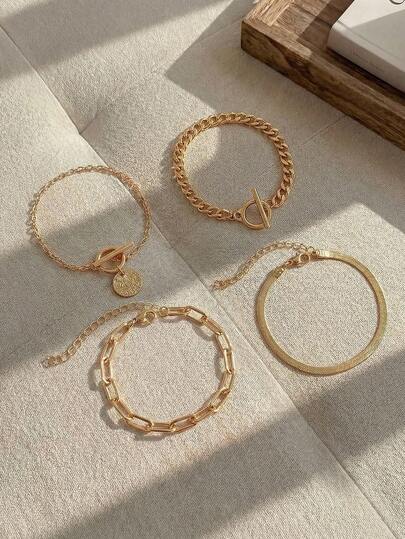 Resyla 4 st/set Vintage Boho Mynthängen Armband & Armring Set, Flerlagers Stapelbara Smycken För Kvinnor. Alla hjärtans dag Accessoarer