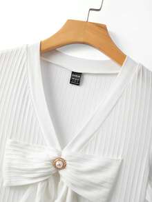 Franclia 女士时尚优雅罗纹蝴蝶结设计短袖连体衣 - 白色 - 查看 6