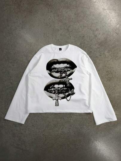 Manfinity ZONE917 Camiseta de manga larga con estampado de labios, gemas en los dientes y cruz, de estilo callejero, desgastada, suelta y corta, en color gris, adecuada para primavera/verano, regalo divertido para tu novio o para ti mismo