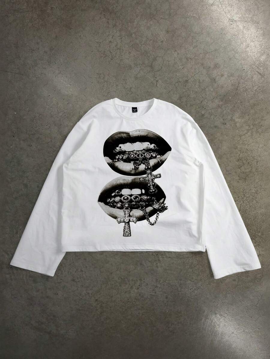 Manfinity ZONE917 Camiseta de manga larga con estampado de labios, gemas en los dientes y cruz, de estilo callejero, desgastada, suelta y corta, en color gris, adecuada para primavera/verano, regalo divertido para tu novio o para ti mismo - Blanco - Ver 1