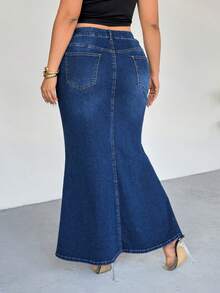 Firerie Falda midi elegante de mezclilla con cintura alta y bolsillos para mujer de talla grande - Azul - Ver 3