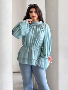 Solavon Women's Elegant Commuter Solid Color Ruffle Flare Sleeve Blouse - Teal Blue - View 5