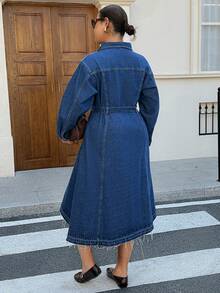 Dazy Plus Vestido midi de mezclilla lavada vintage oscura, vestido de mezclilla de manga larga con cuello y media cartera casual, primavera/otoño - Azul lavado oscuro - Ver 3