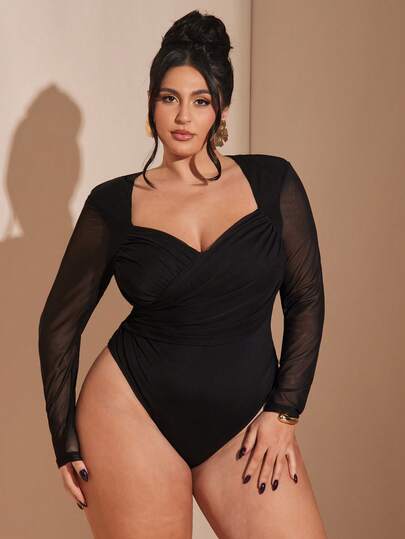 SHEIN BAE Plus Size Women Sexy Mesh Long Sleeve Bodysuit,Black Mesh Crossover V-Neck Black Long-Sleeved Jumpsuit,Atchwork Halter Bodysuit, Suitable For Nightclub Party, Cocktail Events, Sexy Outfit For Daily Wear, Festivals, Vacations,  Black Bodysuit