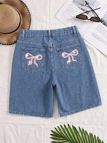 SHEIN Fashionable Casual Bow Print Rhinestone Embellished Women's Denim Shorts - Medium Wash - View 2