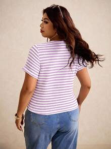 Elaquor Áo thun nữ cỡ lớn kẻ sọc cổ tròn tay ngắn phong cách thường ngày đa năng - Màu tím - Xem 2