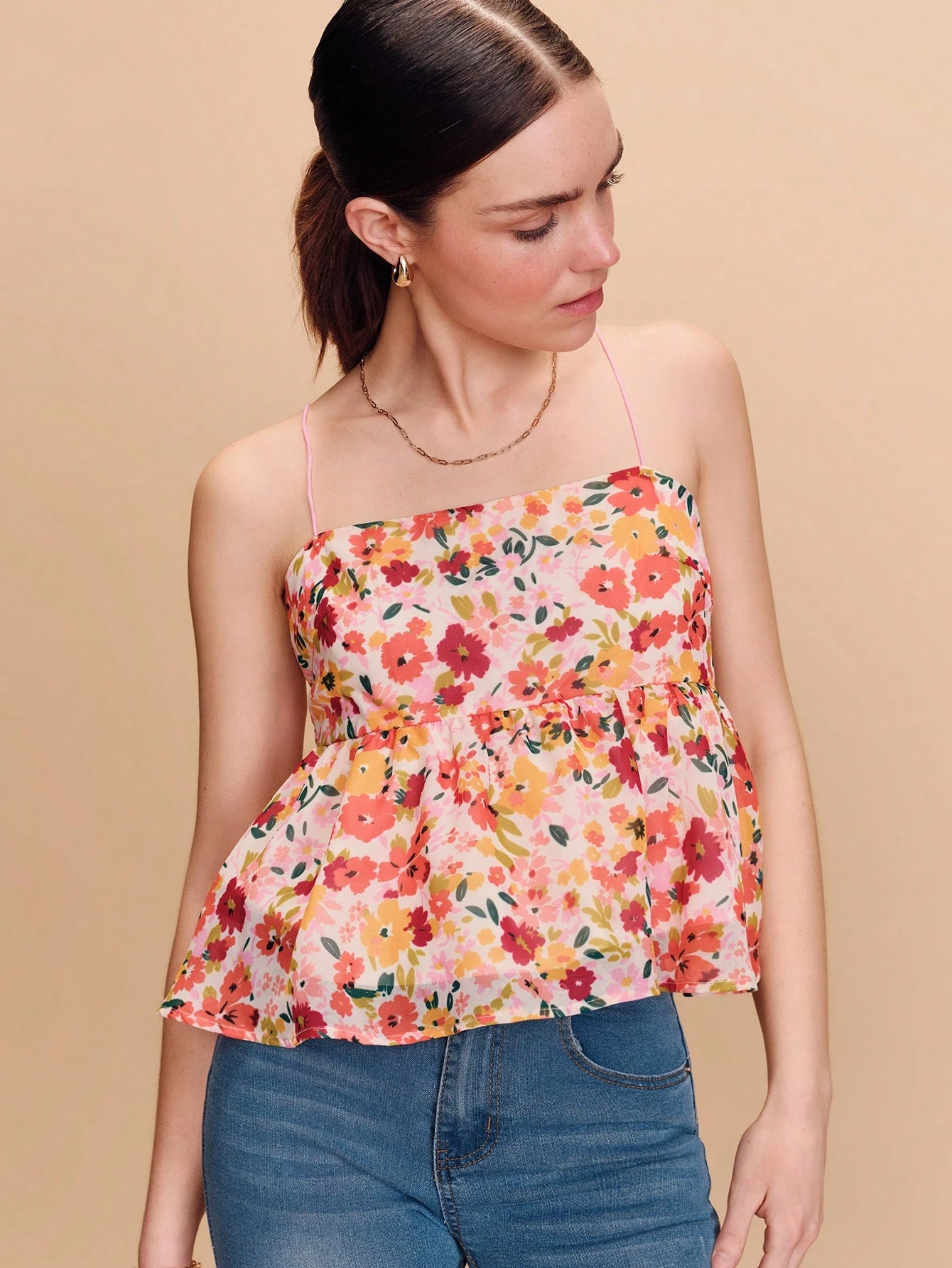 Floral Print Smock Cami Top With Tie Back Detail Spring Summer Resort