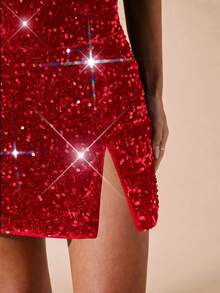 SHEIN BAE 女士黑色丝绒亮片迷你连衣裙，适合鸡尾酒会、夜店、夜间外出、正式活动、派对、万圣节、圣诞节等场合。 - 紅色 - 查看 5