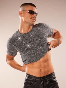 FeverCity Men's Shiny Slim Fit Cropped T-Shirt, Summer - Silver - View 3