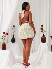 Radiana Plus Size Women's Cherry Red Solid Color Chiffon Gathered Sexy Big Backless Balloon Bud Skirt Culottes Style Halter Neck Fashion Mini Dress/Red Mini Skirt/Concert Outfits/Christmas Women Clothes/Halloween Women Costumes, Girlfriends Party /Halloween Outfit/Christmas Outfit/Cocktail Dress/Back To School Season/Birthday Party/Club Party - Black and White - View 2
