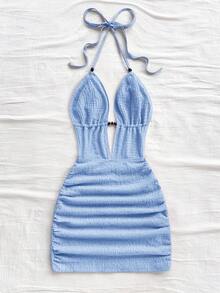 Soleia Women's Solid Color Deep V Neck Ruched Sexy Halter Mini Dress,Summer Dress,Vacation Dress,Summer Dresses For Women - Baby Blue - View 4