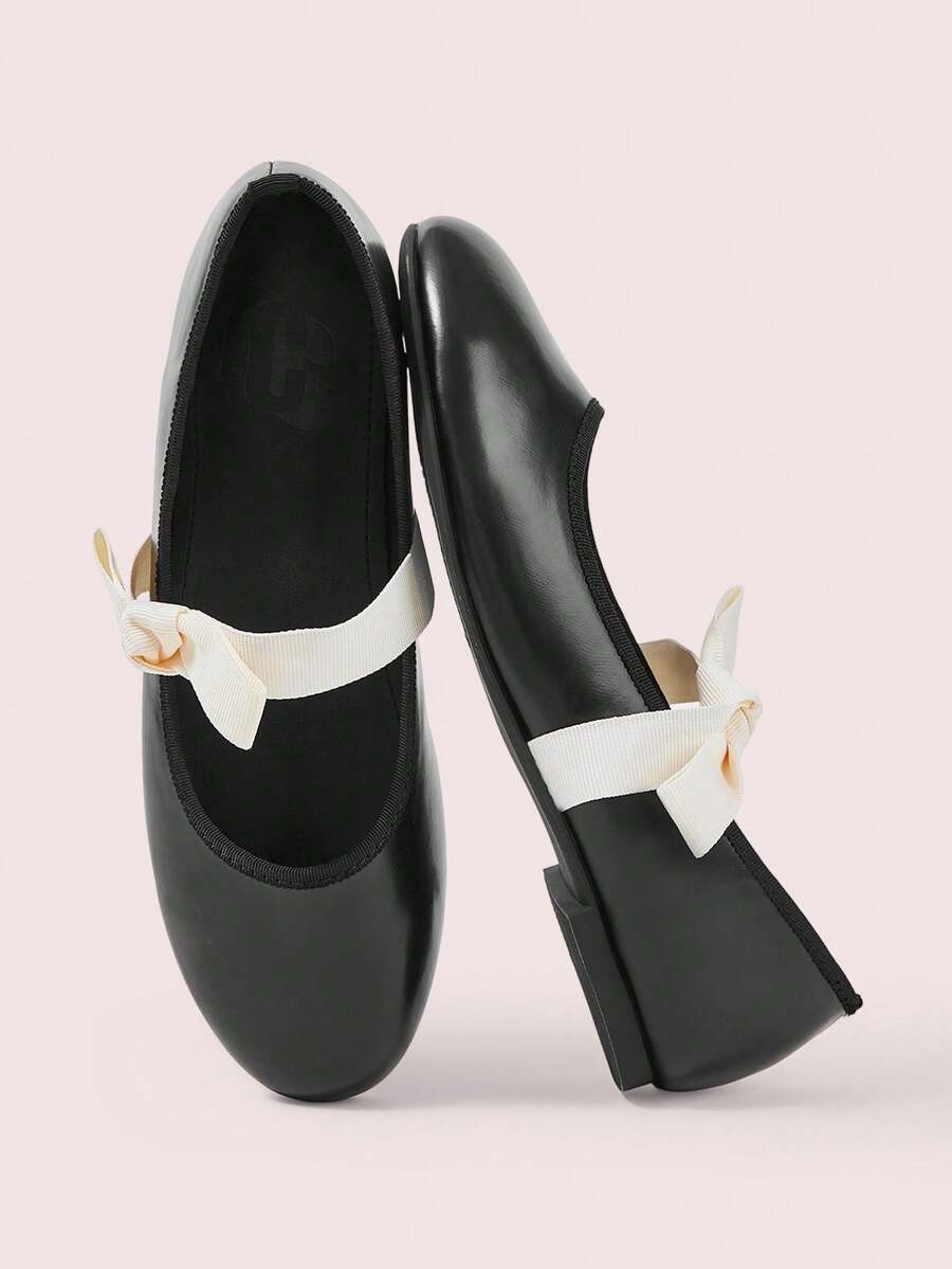 CUCCOO DOLLMOD 黑色低帮圆头玛丽珍鞋，复古风，蝴蝶结装饰，适合约会、通勤、芭蕾舞等场合，平底设计，时尚百搭。 - 黑色 - 查看 1