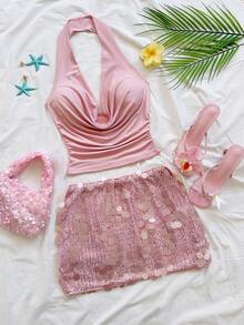 Soleia 2pcs Pink Sequin Vacation Set For Women - Baby Pink - View 1