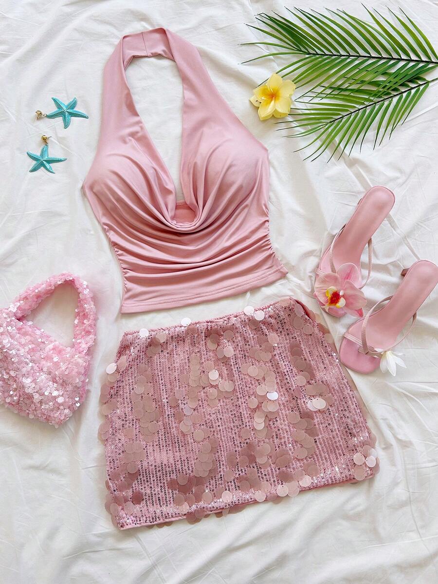 Soleia 2pcs Pink Sequin Vacation Set For Women - Baby Pink - View 1