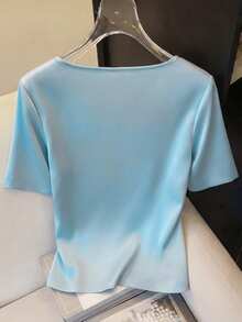 GlowEve 女士夏季圆领无袖修身开衩下摆串珠奢华针织闪亮休闲优雅百搭蓝色T恤 - 藍色 - 查看 2