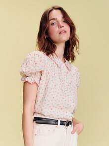lacRébo White Shirt With Multicolored Floral Print, Scalloped Details, Pleats, And Lace Cute Pink Flower Top Office Top Going Out Top Spring Summer French Style Parisian Style Women's Tops And Blouses Floral Print Blouse Ladies Clothes Puff Sleeve Blouse Scalloped Collar Top - White - View 5