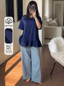 DAZY 纯色荷叶边T恤上衣和格子睡裤女士夏季睡衣套装 - 藏蓝色 - 查看 1