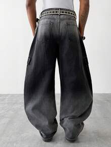 PAVTROS Men's Street Fashion Casual Multi-Pocket Patched Pleated Wide-Leg Black Jeans - Black - View 2