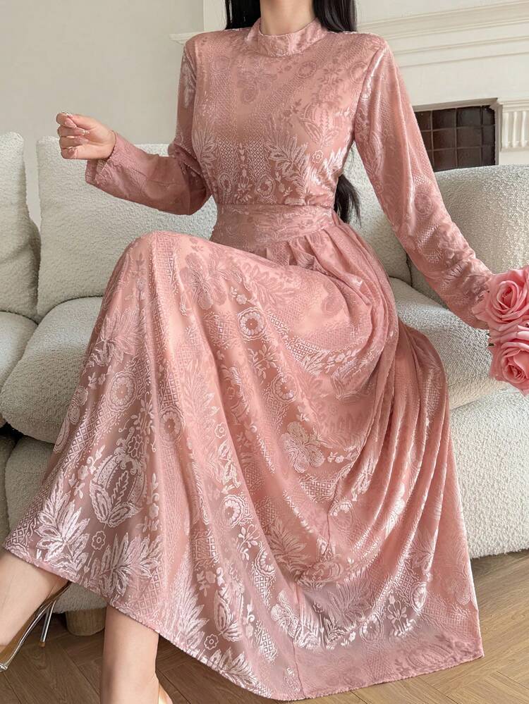 Women's Elegant Jacquard Waist Cinching Long Sleeve Top And Skirt 2 Pieces Set, Autumn Summer