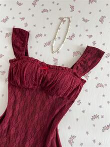 Elamini Women's Burgundy Lace Rose Bow Tie Short Sleeve Mini Dress, Sexy Vacation Style, Spring/Summer - Burgundy - View 4