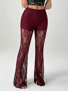 SHEIN PETITE Quần ống loe cạp cao bằng ren dành cho nữ, thích hợp cho kỳ nghỉ. - Màu Đỏ Sâu - Xem 6