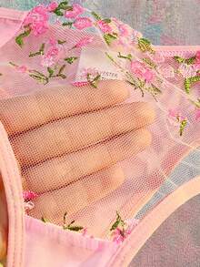 2 piezas Conjunto de lencería sexy de sujetador y pantie con bordado de flores románticas y lindas en malla, color rosa - Rosa - Ver 4