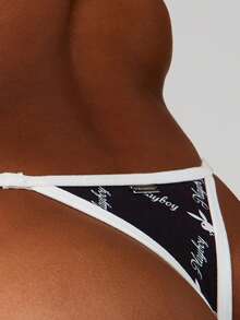 Missguided x Playboy Women's Logo Print Thong With White Contrast Trim And Triangle Cut Intimate Underwear Lingerie - Black and White - View 3