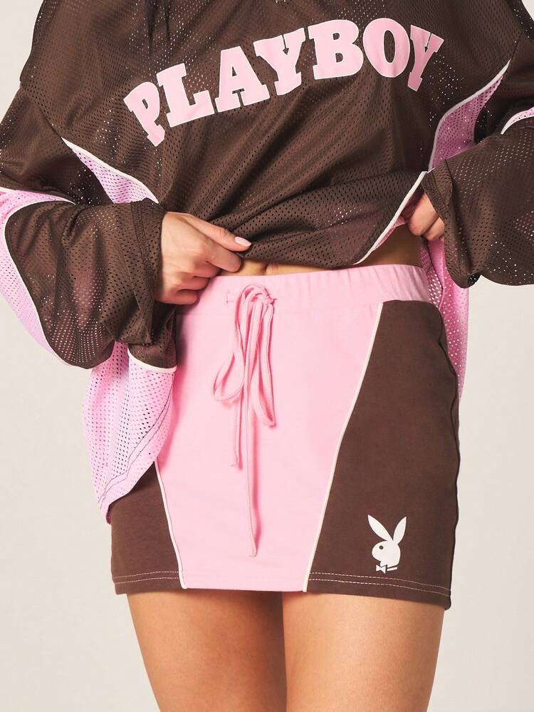 Missguided x Playboy Contrast Panel Mini Skort With Color Blocking Design Drawstring Waist Mesh Detailing For Casual Streetwear Spring Summer