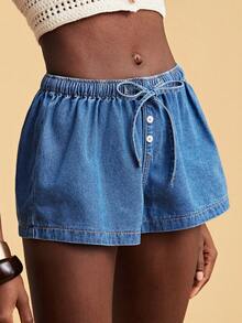 Travachic Quần short denim nữ kiểu dáng thường ngày, có dây rút ở eo, thích hợp cho mùa hè. - Rửa nhẹ - Xem 5
