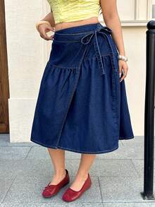 GalTyme Chân váy chữ A bằng vải denim thắt nút bên hông dành cho nữ cỡ lớn, thích hợp cho mùa xuân/hè. - Màu xanh lam - Xem 3