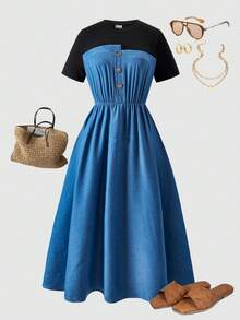 Teen Girls Knit Crew Neck T-Shirt With Denim Effect Woven Patchwork Dress - Multicolor - View 3