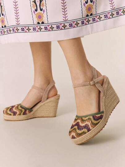 Styleloop Apricot Colorful Hollow Rope Woven Platform Sandals, Tie-Up Lightweight Wedge Bohemian Shoes For Women Holiday Travel Essential Boho Cowgirl Outfit