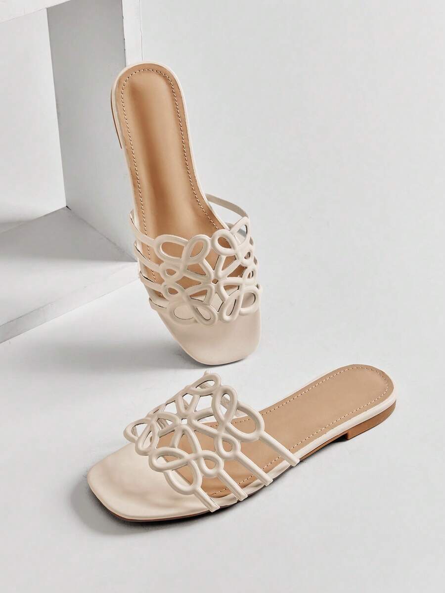 SHUZIA Sandal đế bằng nữ thanh lịch với họa tiết hoa khoét hở. - Màu be - Xem 1