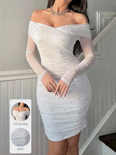 Firerie Vestido de mujer blanco con hombros descubiertos y perlas falsas, elegante vestido de mujer con contraste de malla, fruncido, cremallera, manga larga descubierta del hombro, ajuste ceñido, manga recta corta blanca, vestidos cortos sencillos de mujer, para primavera/otoño, atuendos de fiesta/discoteca
