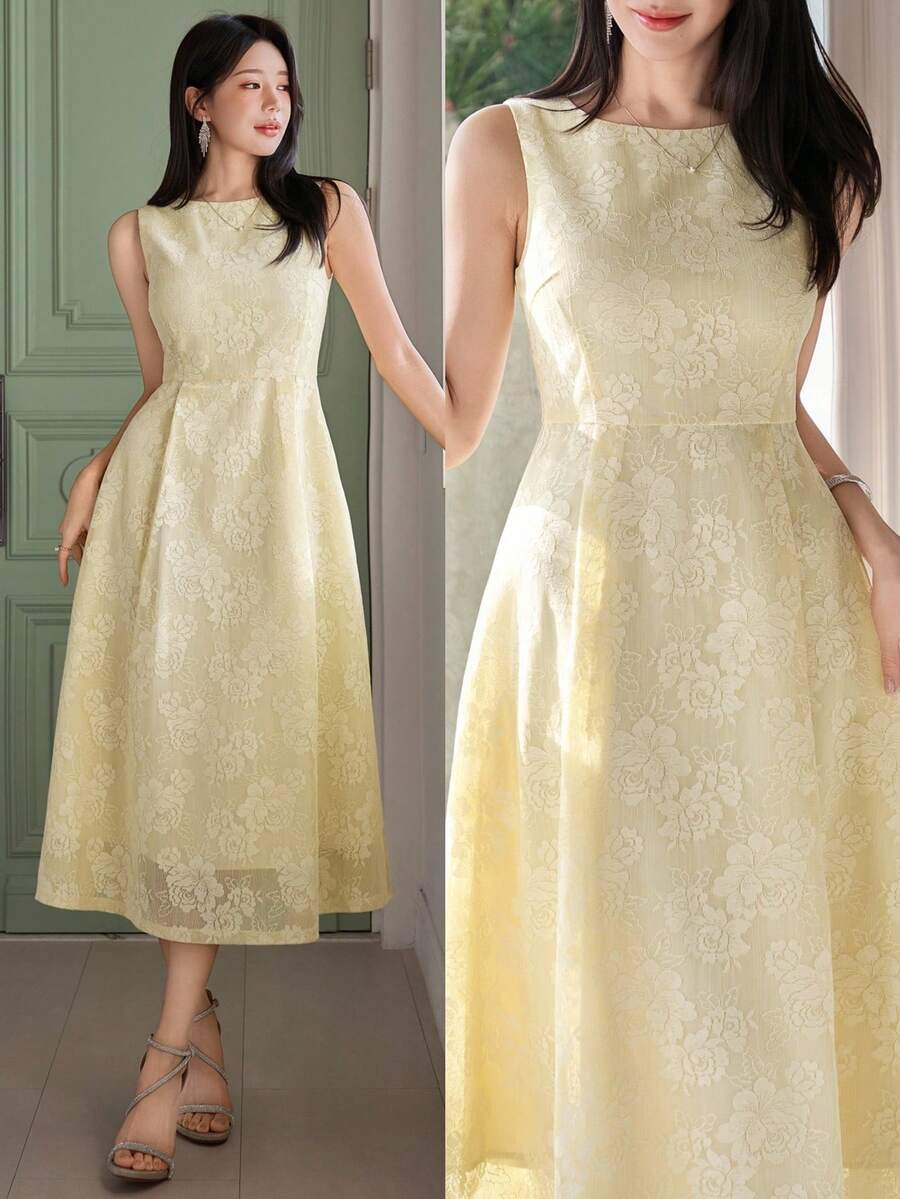 DAZY 女士优雅印花无袖连衣裙，夏季婚礼宾客礼服 - 黃色 - 查看 1