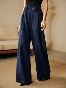 Anewsta 都市时尚休闲复古通勤学院风装饰高腰垂褶女裤 - 深色水洗藍 - 查看 5