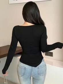 DAZY 黑色不对称设计修身长袖T恤，女士款，春夏Y2K风格 - 黑色 - 查看 2