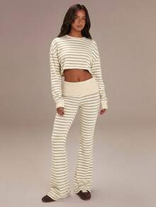 Women's Casual Striped Knit Flare Pants - Apricot - View 1