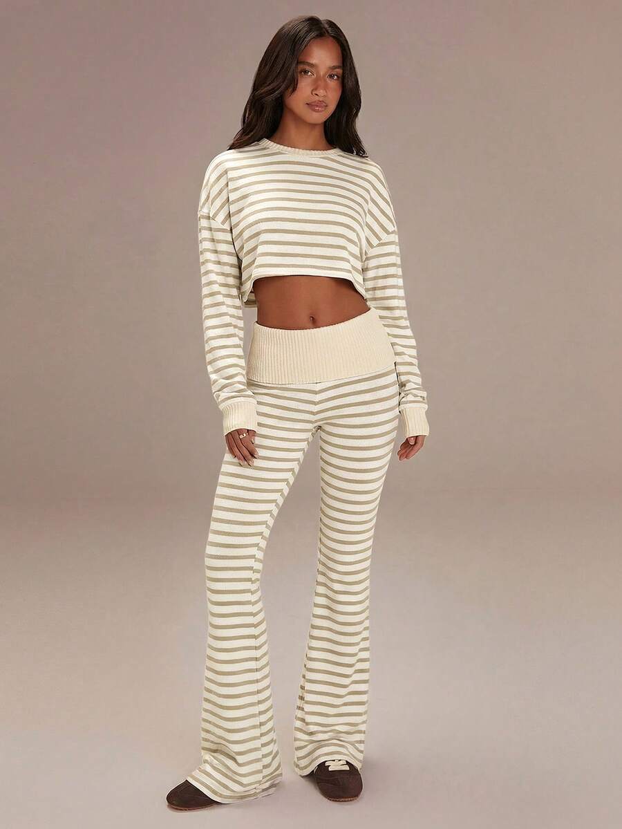 Women's Casual Striped Knit Flare Pants - Apricot - View 1