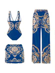 Swim Oasis 2026新款三件套女士印花连体泳衣，含裙子和网纱裤，夏季海滩度假休闲装 - 彩色 - 查看 2