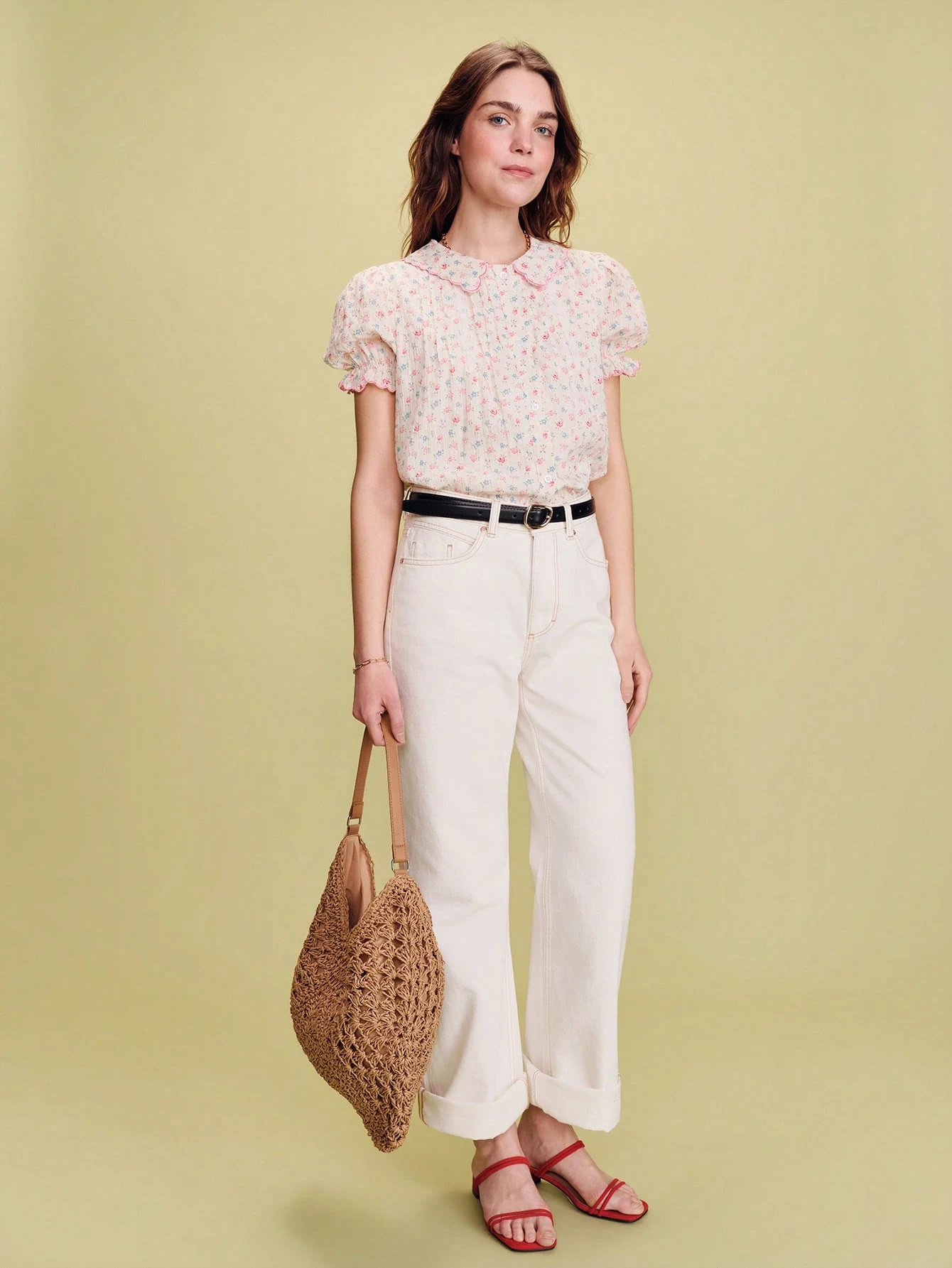 White Shirt With Multicolored Floral Print, Scalloped Details, Pleats, And Lace Cute Pink Flower Top Office Top Going Out Top Spring Summer French Style Parisian Style Womens Tops And Blouses Floral Print Blouse Ladies Clothes Puff Sleeve Blouse Scalloped Collar Top