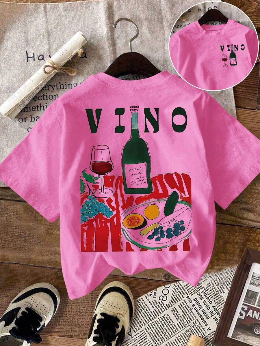 DrmWander 女士T恤，休闲街头风印花短袖T恤，可爱夏季上衣 - 玫紅色 - 查看 1