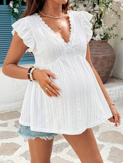 SHEIN Áo thun nữ bầu cổ chữ V tay bồng phối ren tương phản