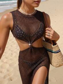 Swim SXY Women's Cutout Waist Design Side Slit Hem Cover-Up Dress - Brown - View 6