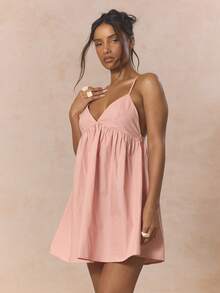 MUSERA Strappy Triangle Bust Plunge Baby Doll Mini Dress Cute Spring Holiday Girly Sugar Salt - Coral Pink - View 3