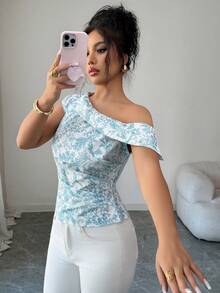 Elenzga 女士夏季外出、约会、新年、情人节、复活节、母亲节、音乐节、中东风情、婚礼、优雅、复古、休闲、通勤、浪漫、度假、不对称肩部设计、佩斯利花纹、花卉印花、纯色、褶裥细节、常规版型、连帽衫、白色 - 白色 - 查看 3
