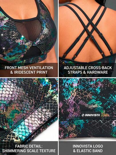 Innovista Women Metallic Animal Print Sports Bra With Back Mesh Removable Pads Tummy Control Shimmer Fabric For Yoga HIIT Pilates Indoor Gym Office To Workout Commute Fall Winter Athleisure Clean Girl Aesthetic Lightweight Breathable Stretchy Transpirable Menopause Friendly Squat Proof Fade Resistant Gym Women Tops Workout Women Bra Sports Women Bra   Fitness Glow Up January Gym Motivation Peloton Ready Australian Open Training Gear