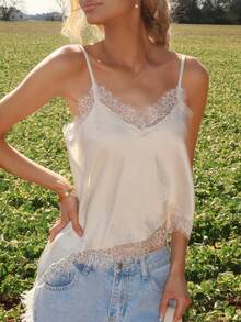 Sydney Algeri Women's Solid Color Spaghetti Strap Lace Trim Asymmetrical Hem Loose Blouse - Apricot - View 6